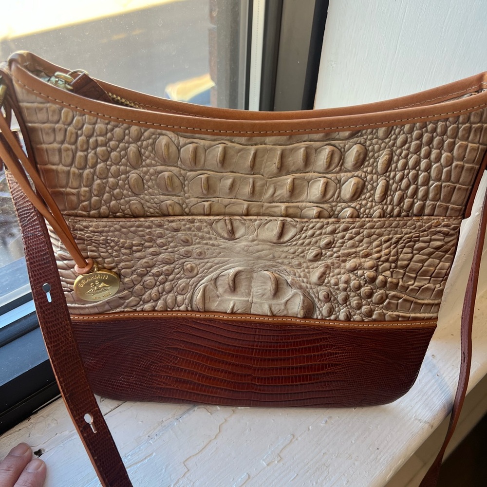 Brahmin Two-Tone Croc-Embossed Leather Shoulder Bag in Beige and Brown